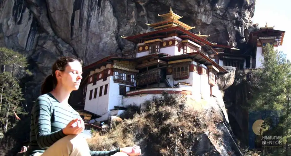 Enjoying outdoor Yoga in front of Tiger’s Nest Monastery