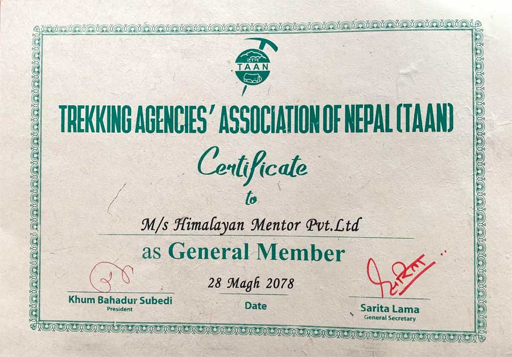 Membership certificate from Trekking Agencies Association of Nepal (TAAN)