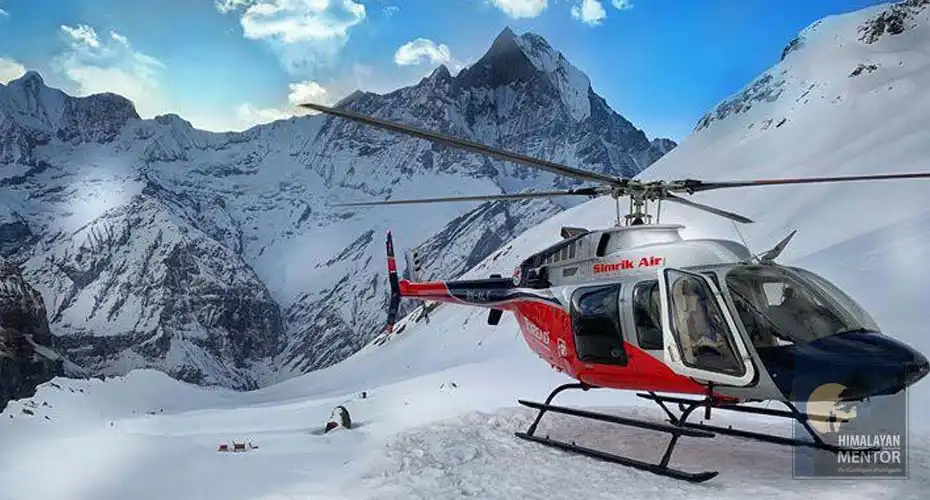 Mt. Fishtail view from Annapurna base camp with helicopter