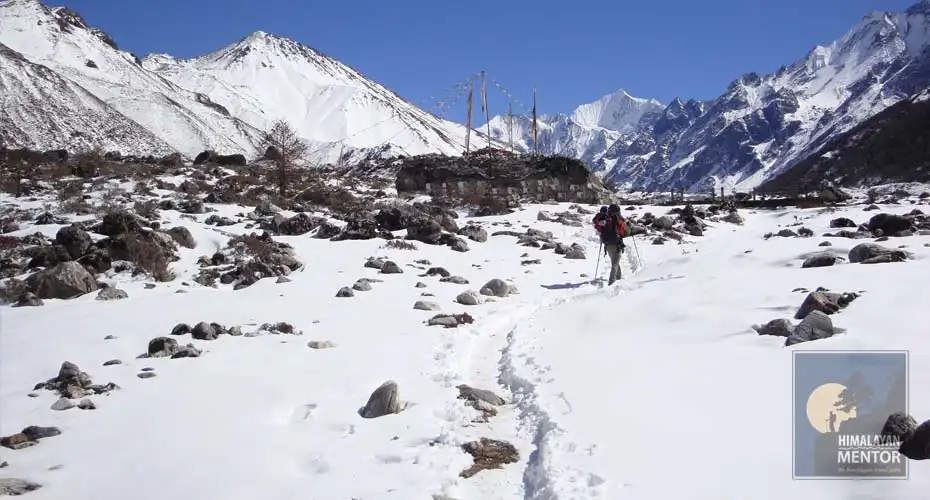 Trekkers are leaving Kyangjin Gompa to cross the Ganja La pass