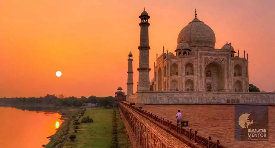 The golden view of Taj Mahal during the sunrise, major attraction of India Bhutan Nepal tour