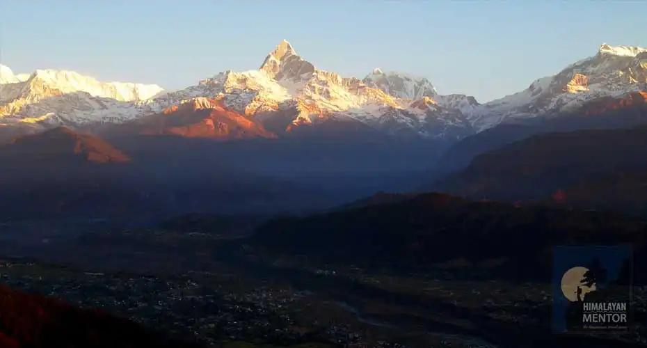 Beautiful sunrise view over the Himalayas from Sarangkot Pokhara (Nepal)