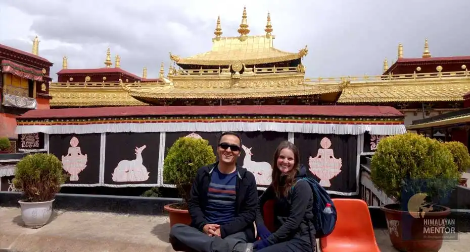 Happy clients are posing for a photograph at Sera Monastery in Lhasa