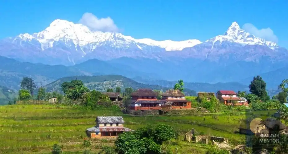 Himalayan Panorama and classic Nepali village during trekking days