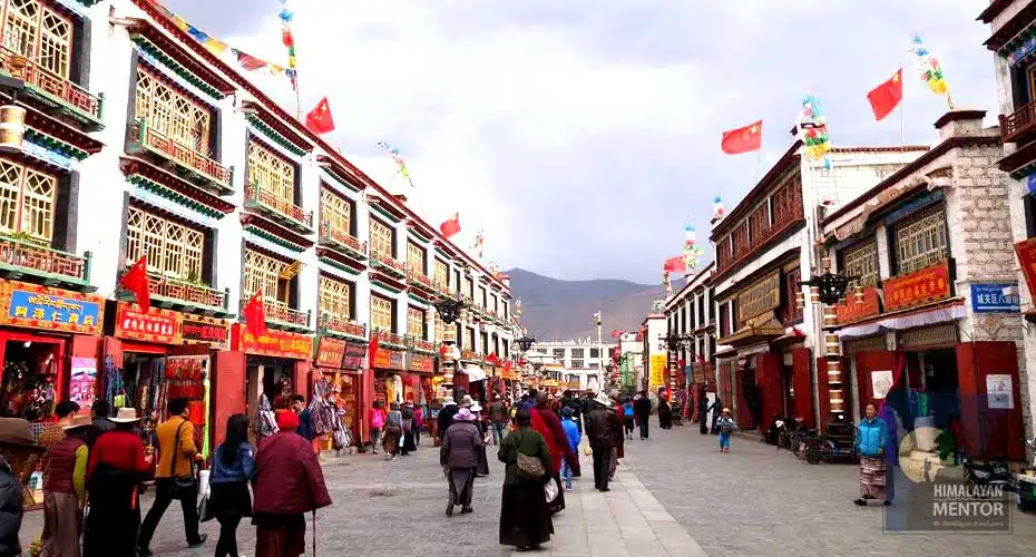 The colorful Barkhor Street in Lhasa city, Tibet 