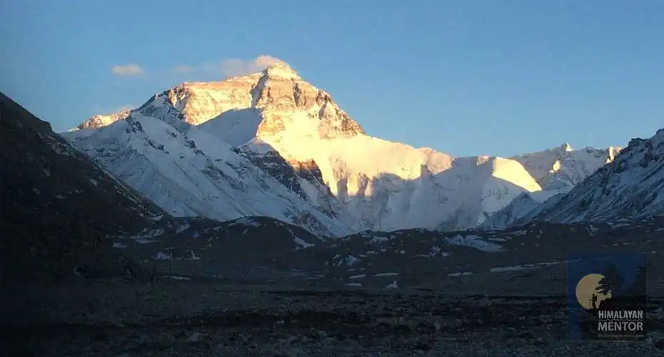 The golden view of Mt. Everest (Tibet side) during sunrise 