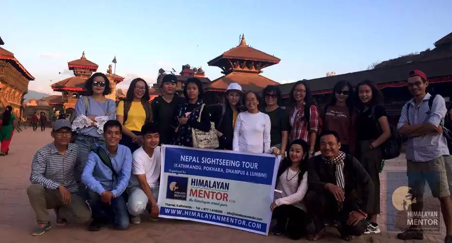 Group photo at Bhaktapur Durbar Square during 2 weeks Nepal tour