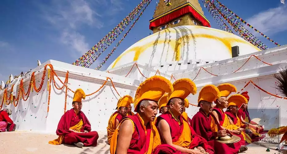Monks are offering during the special ceremony in Boudhanath Stupa