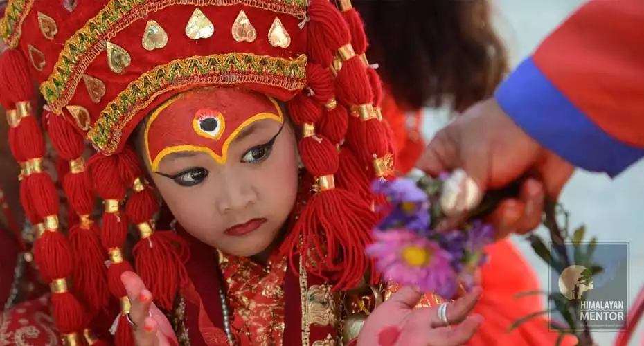 The Kumari, the only living goddess worshipped by both Hindus and Buddhists in Nepal.